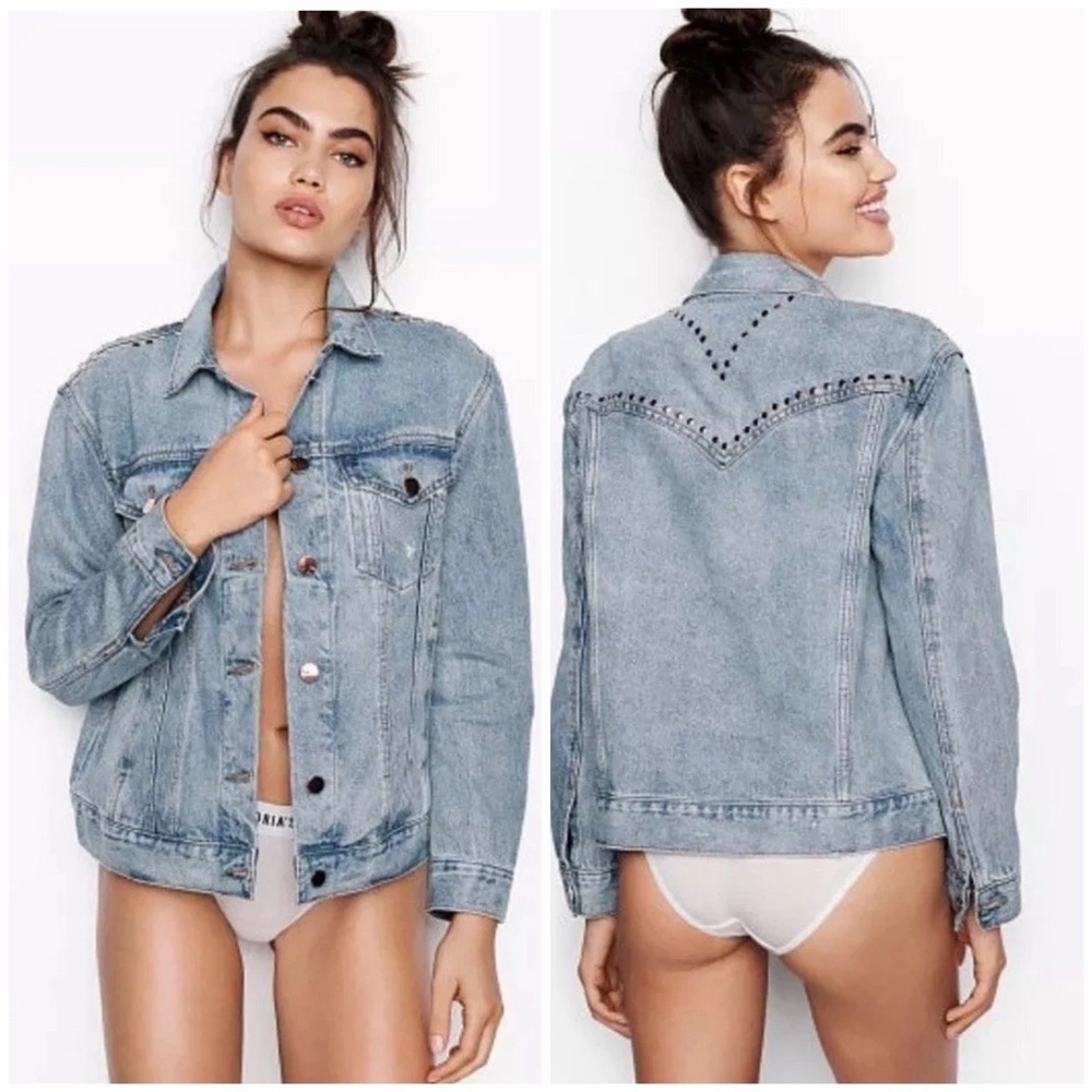 Victoria's Secret VS Studded Denim Jacket, oversized sz S, blue/rose gold studds